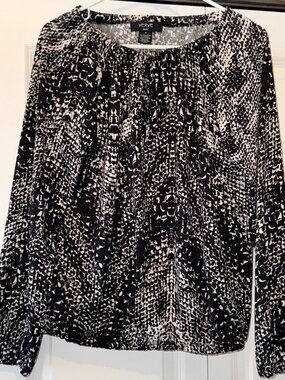 Verve Ami White Black Abstract Tie Neck Blouse Medium Boho Peasant Top